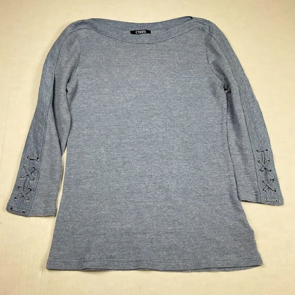Chaps Womens Knit Shirt Blue Lace Up 3/4 Sleeve Boat Neck Casual Top Size SMALL